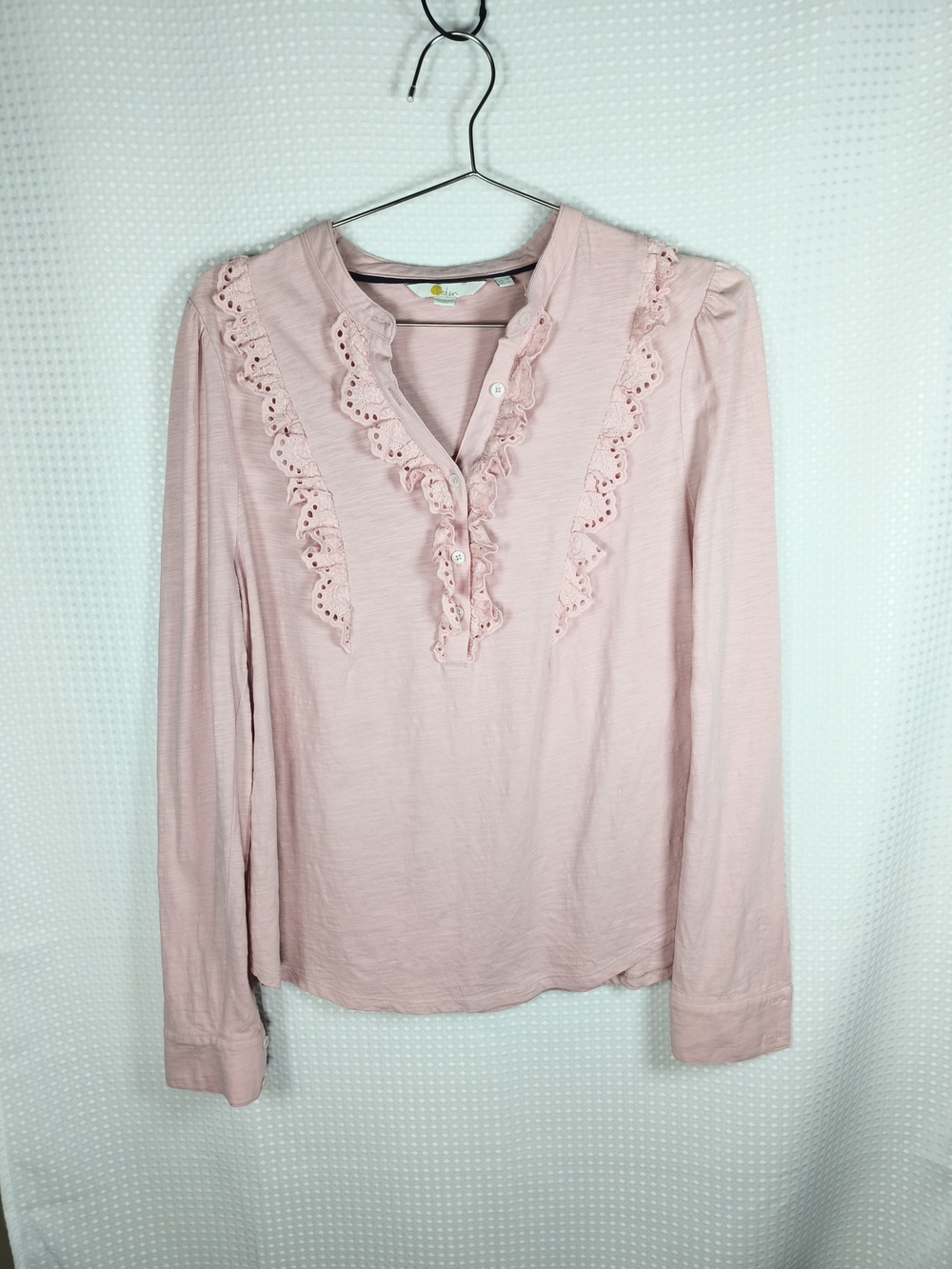 Boden Pink Broderie Ruffle Eyelet Jersey Henley Top Size 10 Cottagecore